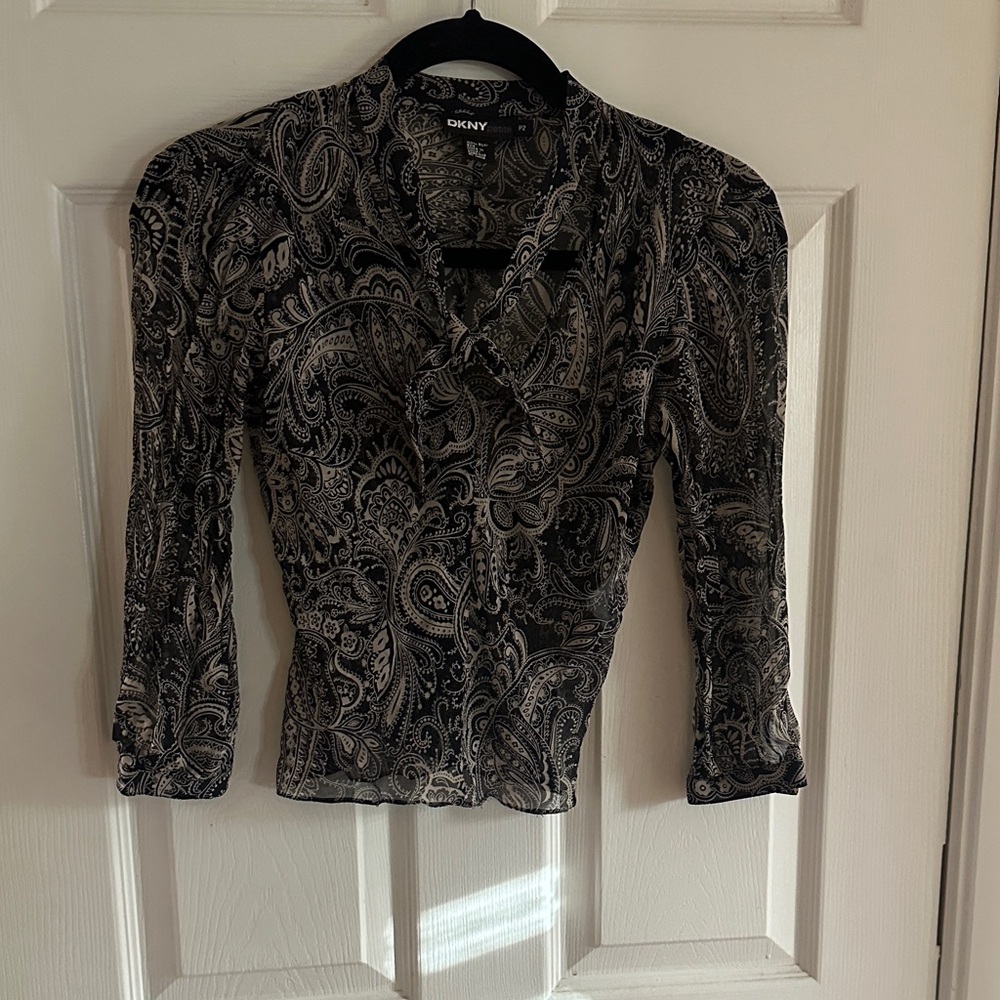 DKNY Black and Gray Paisley Blouse